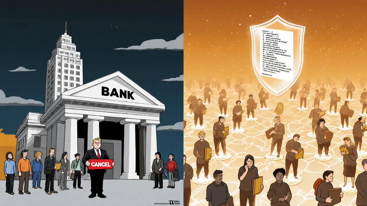 Сравнение централизованного банка с децентрализованной сетью пользователей и блокчейна, без текста и знаков.