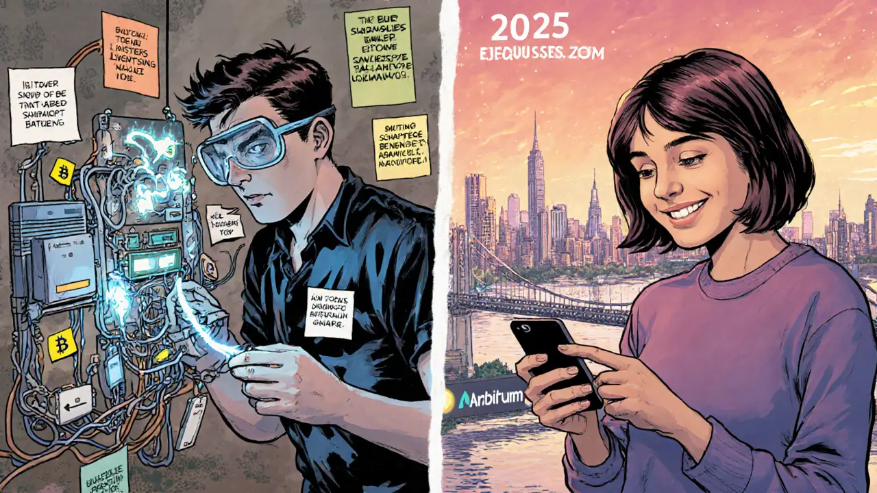 Техник настраивает узел Lightning рядом с новичком, который легко использует Arbitrum через MetaMask.