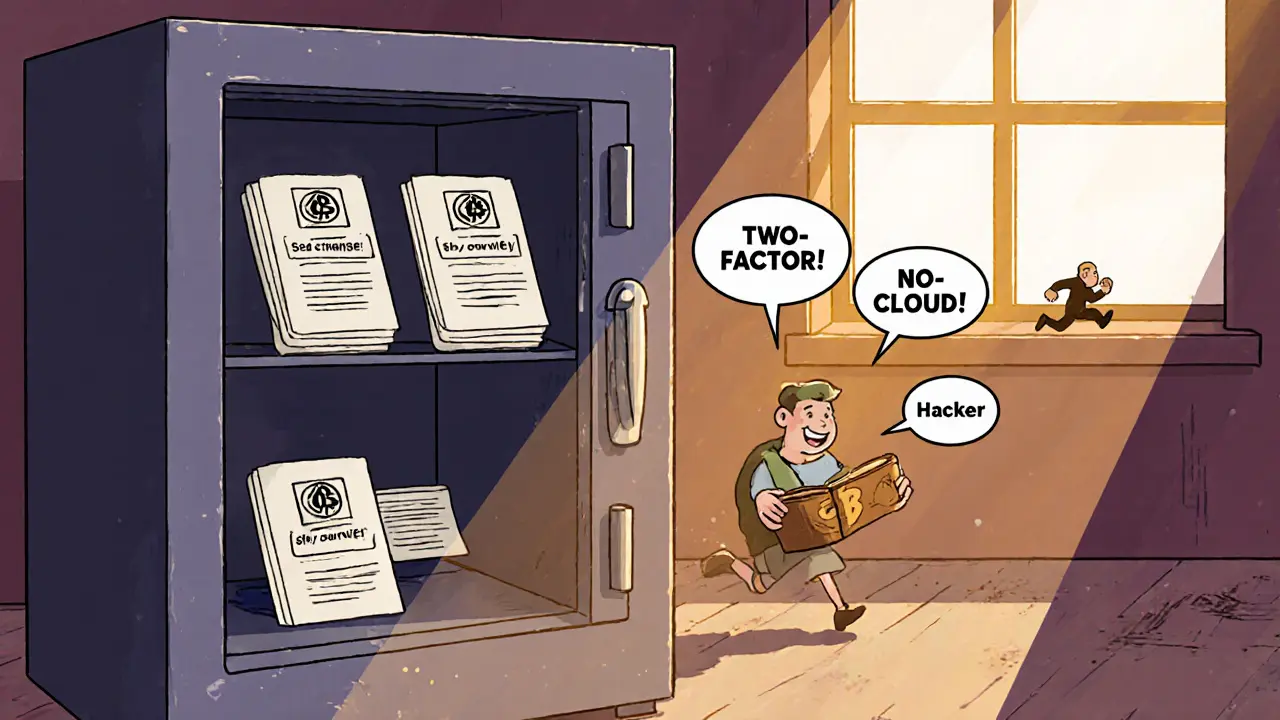 Три копии seed-фразы в разных местах: сейф, банк, родственник — человек спокоен и уверен.