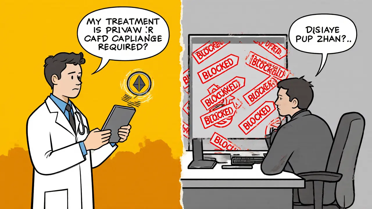 Врач получает анонимный платёж, в то время как регулятор видит заблокированные транзакции на экране.