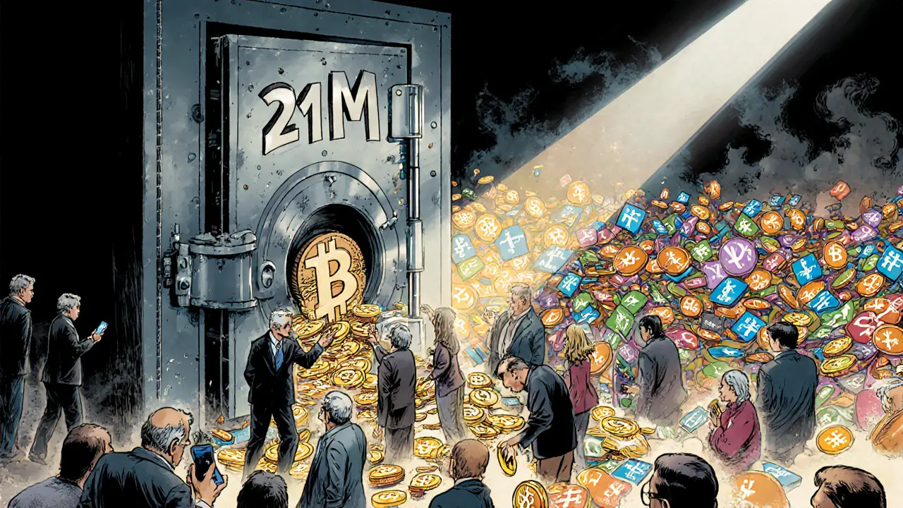 Закрывающаяся врата с надписью &#039;21M BTC&#039;, внутри — инвесторы тянутся к последним монетам.