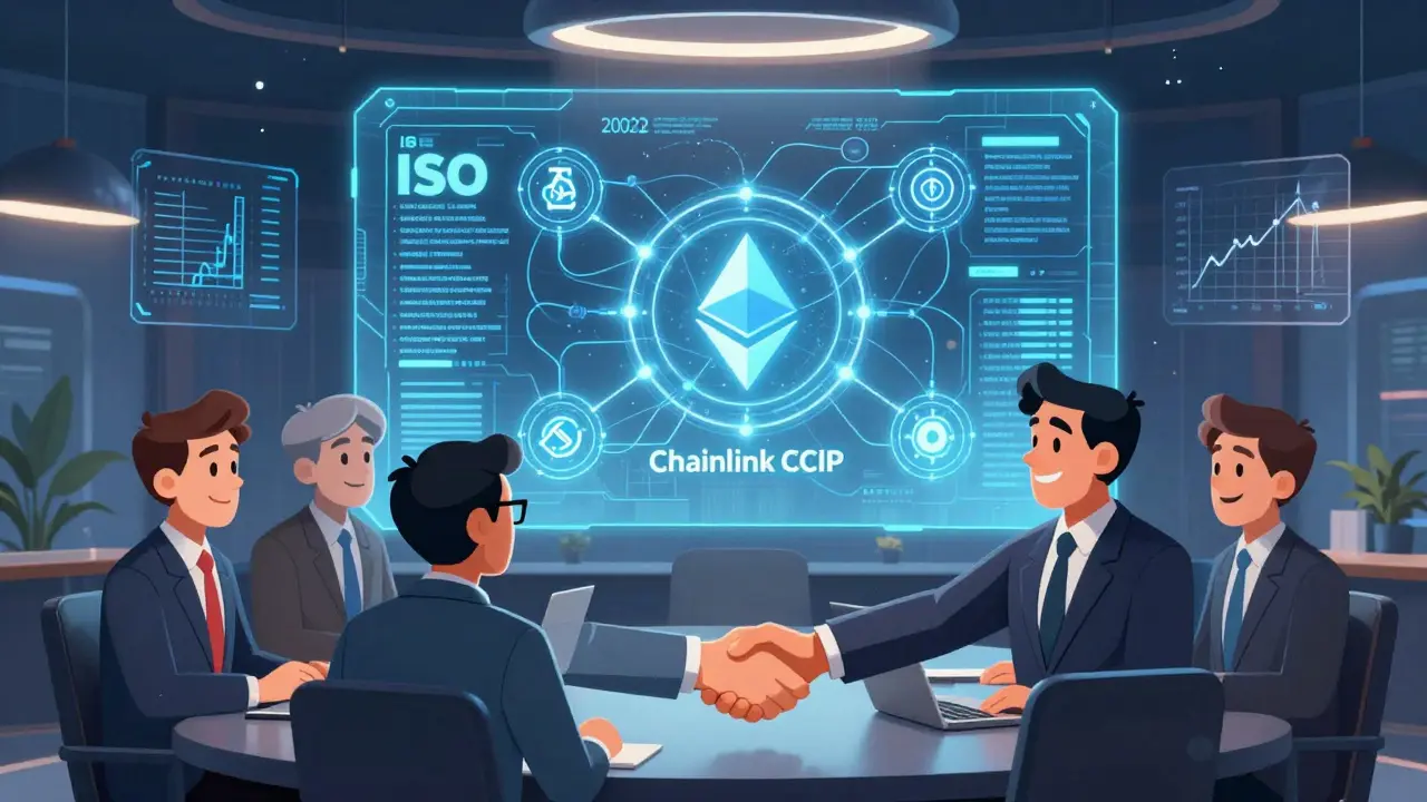 Банковские чиновники и аватары блокчейнов рукопожимают под голографическим стандартом ISO 20022, символизируя интеграцию финансов.