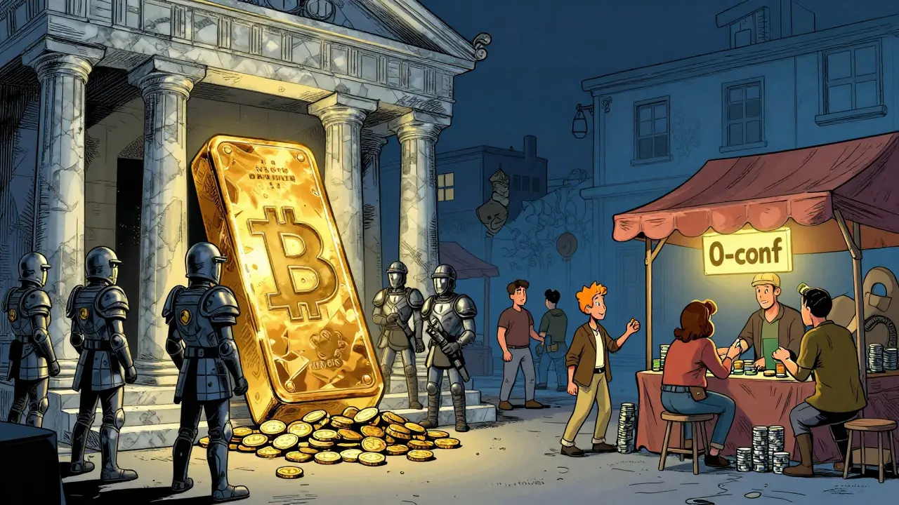 Bitcoin как золотой слиток в храме, Bitcoin Cash как повседневные деньги на оживлённом рынке с магазинами и казино.