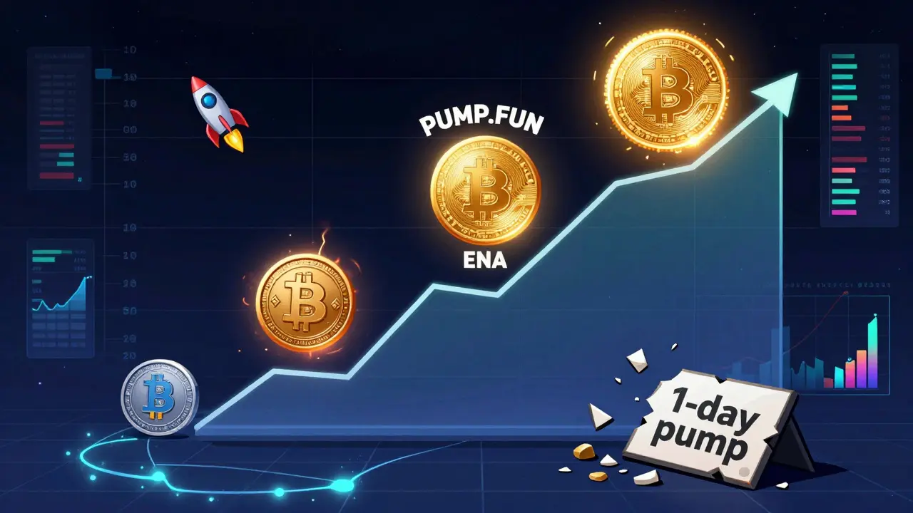 Биткоин медленно растет, а альткоины вспыхивают и взлетают, один с ракетой, другой — с золотым сиянием, разбитая табличка &#039;1-дневный памп&#039;.