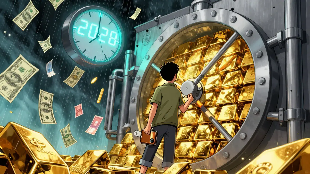 Человек держит аппаратный кошелёк, а вокруг рушатся фиатные валюты.