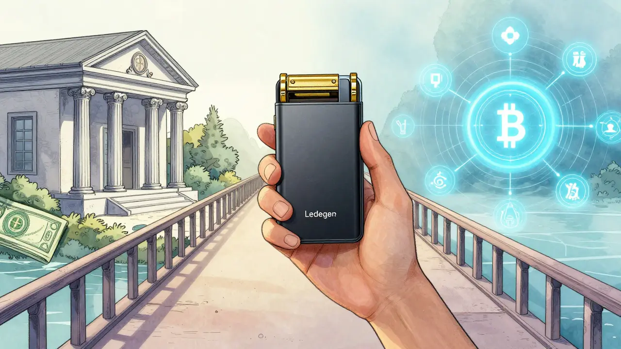 Человек держит аппаратный кошелёк, стоя на мосту между традиционными банками и блокчейном.