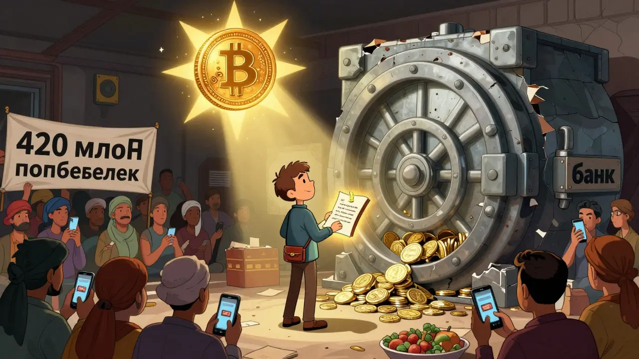Человек держит холодный кошелёк с seed-фразой, рядом рушится банк, а цифровое золото светится над толпой пользователей.