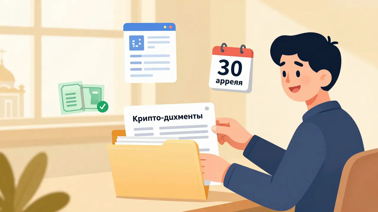 Человек организует документы по криптовалюте с календарем и скриншотами на столе.