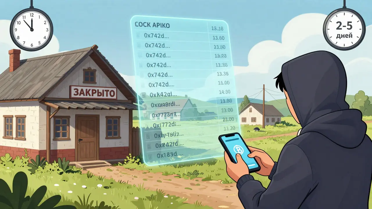 Человек отправляет криптовалюту из деревни, в то время как банк закрыт, а блокчейн показывает прозрачные транзакции.