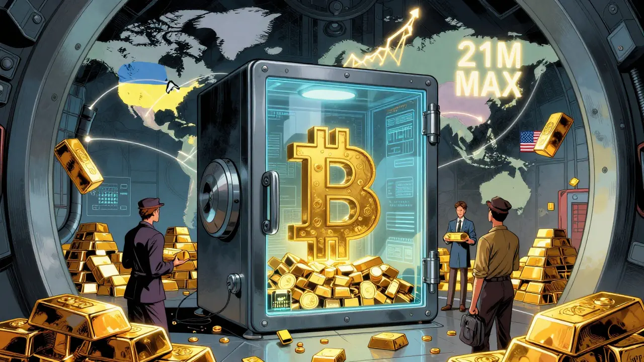 Цифровой сейф с биткоином и золотыми слитками, окружённый глобальной сетью.