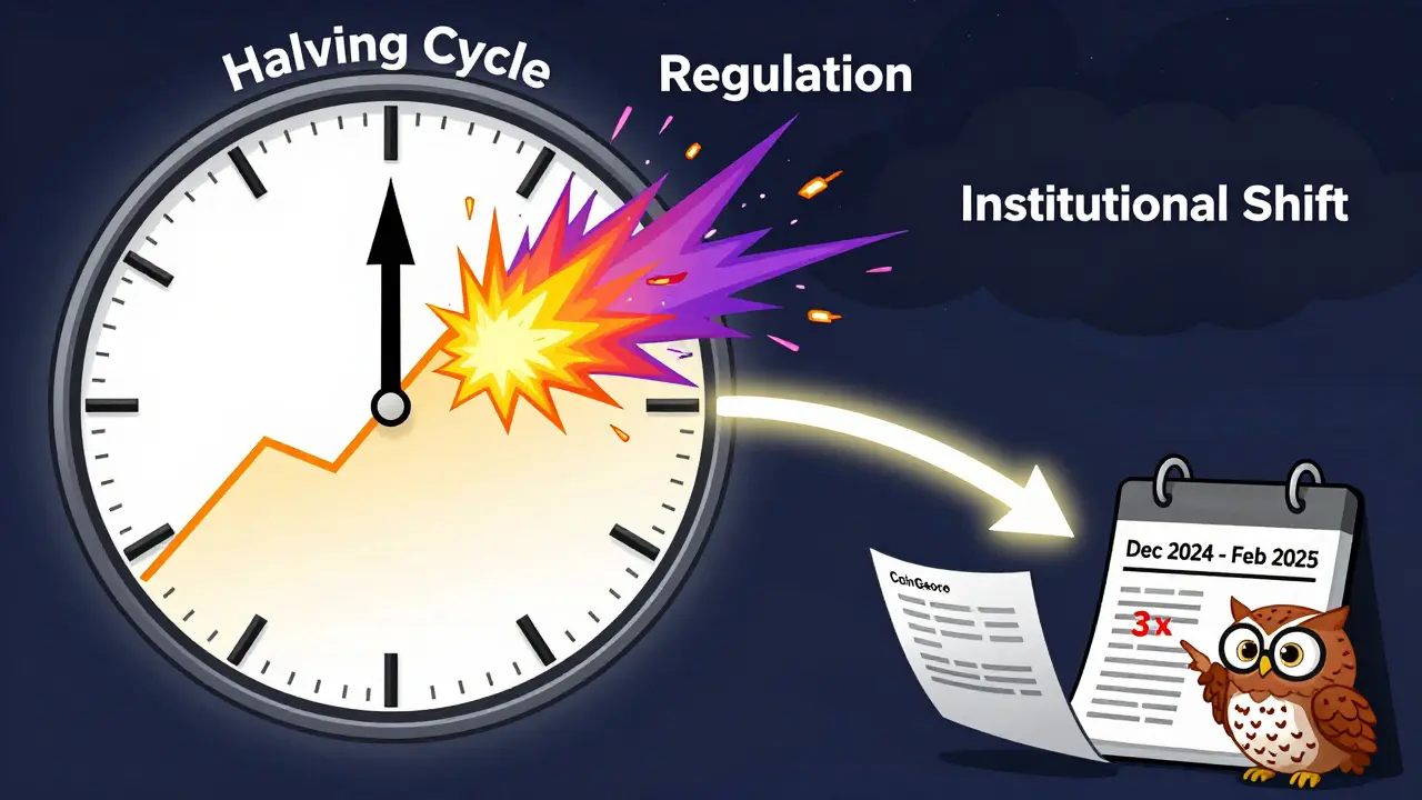 Цикл халвинга: биткоин растет, затем альткоины взрываются, но на горизонте появляются регуляторы и институты, меняющие будущее рынка.