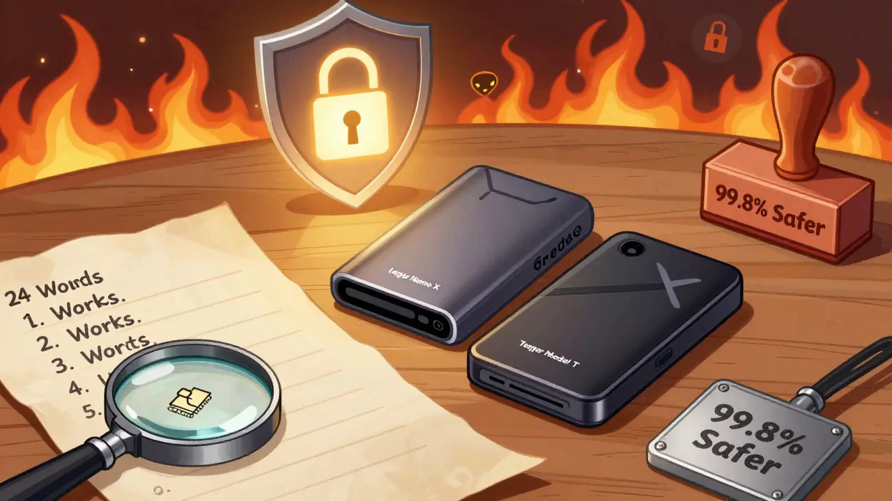 Два аппаратных кошелька на столе рядом с бумажной и металлической копиями сид-фразы, защитный щит отражает хакерские атаки.