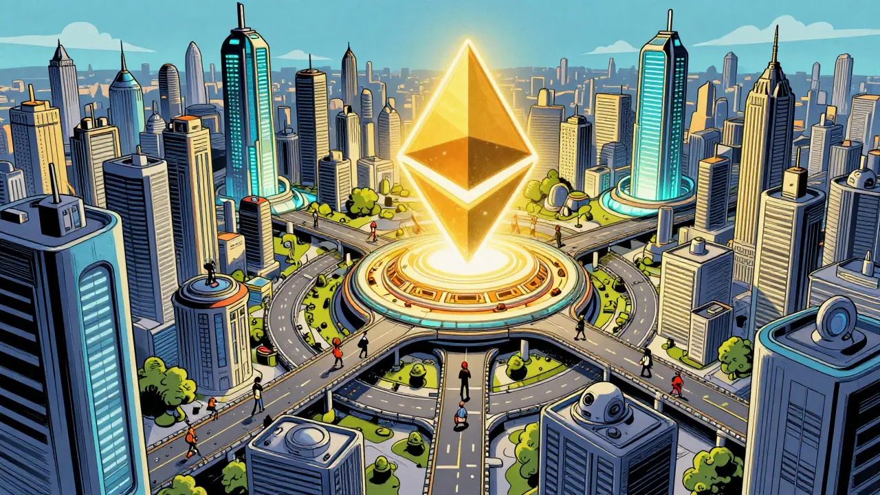 Футуристический город с тремя технологическими путями, сходящимися в ядре Ethereum, с пользователями, выбирающими свои маршруты.
