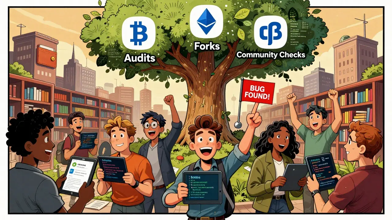 Глобальное сообщество разработчиков проверяет открытый код под деревом, растущим из GitHub.