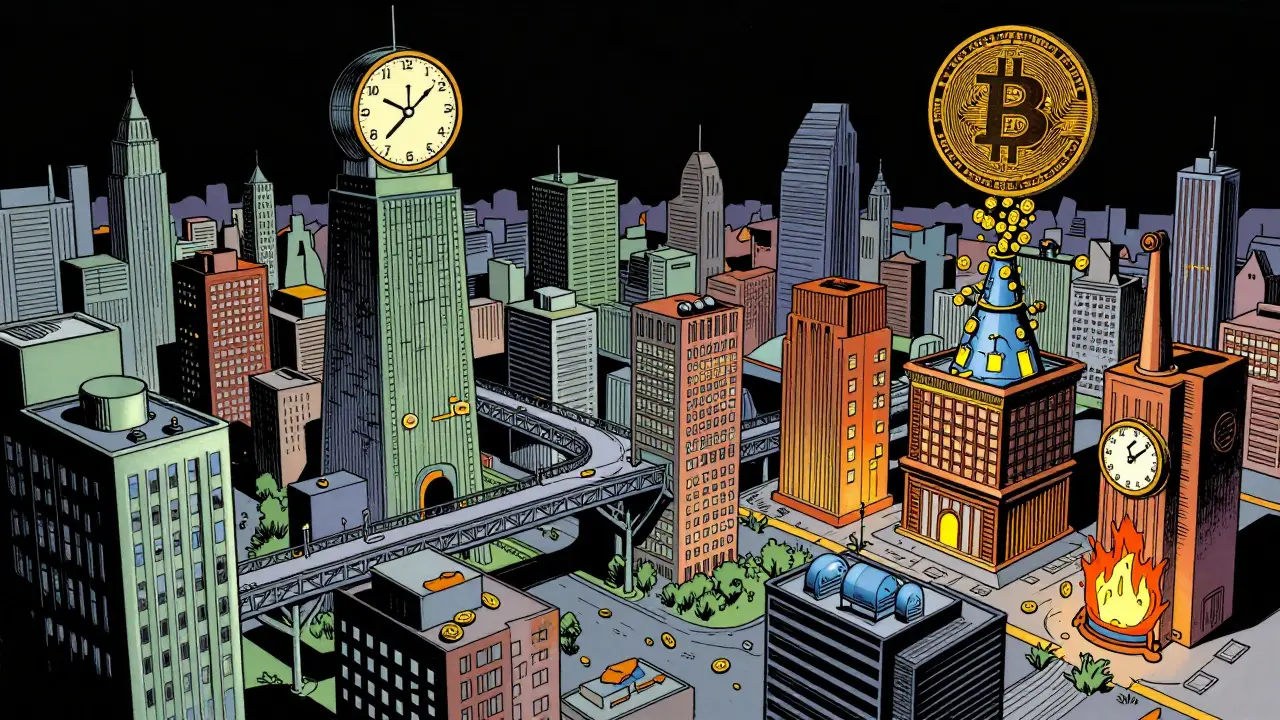 Город из токенов с мостами из экономических механизмов: стейкинг, сжигание и вестинг, подсвеченный в стиле бандес десине.