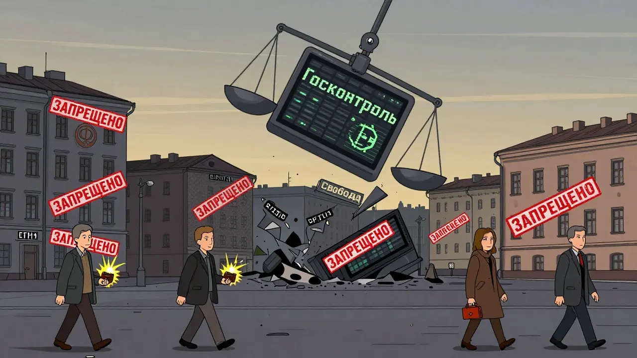 Город с запрещёнными криптовалютами, граждане идут мимо, а государство подавляет финансовую свободу.