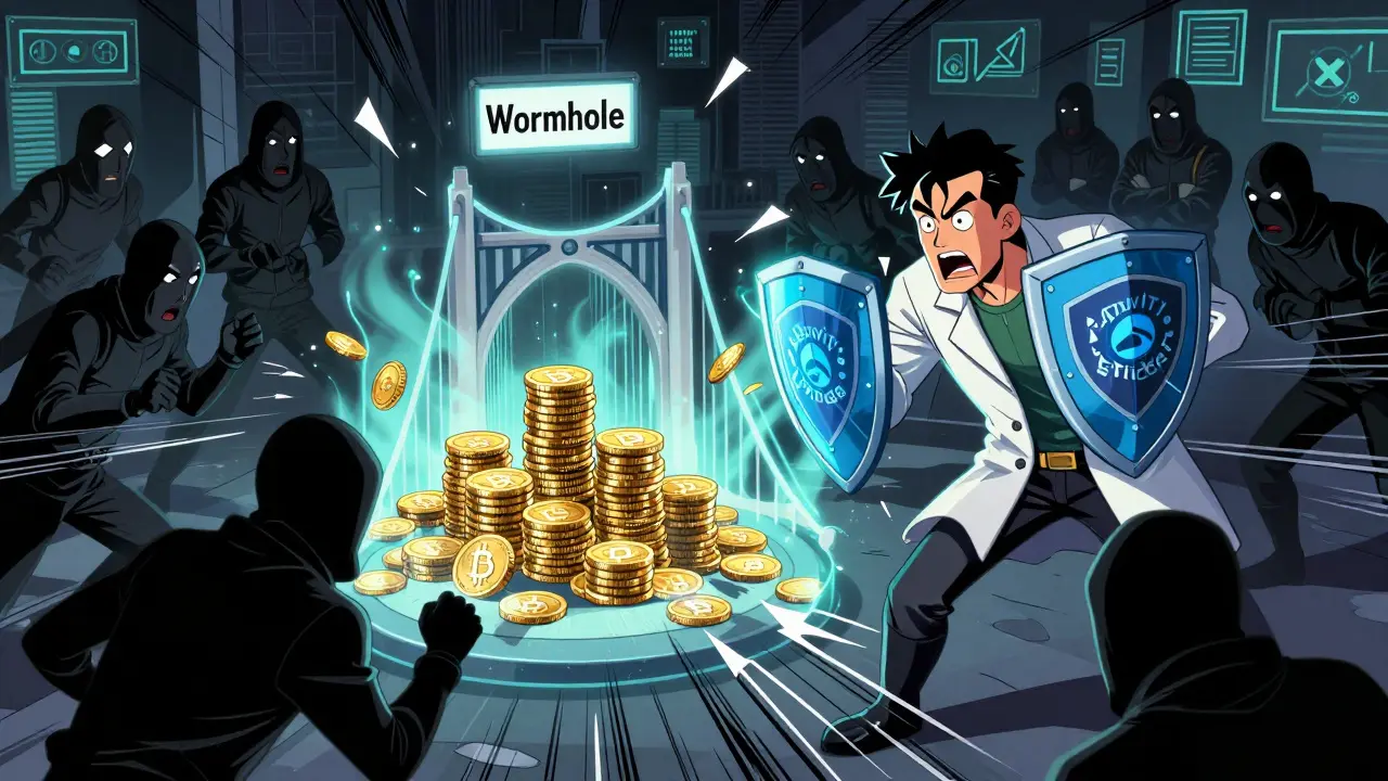 Хакеры атакуют централизованный мост Wormhole, в то время как герой с криптографическими щитами защищает активы.