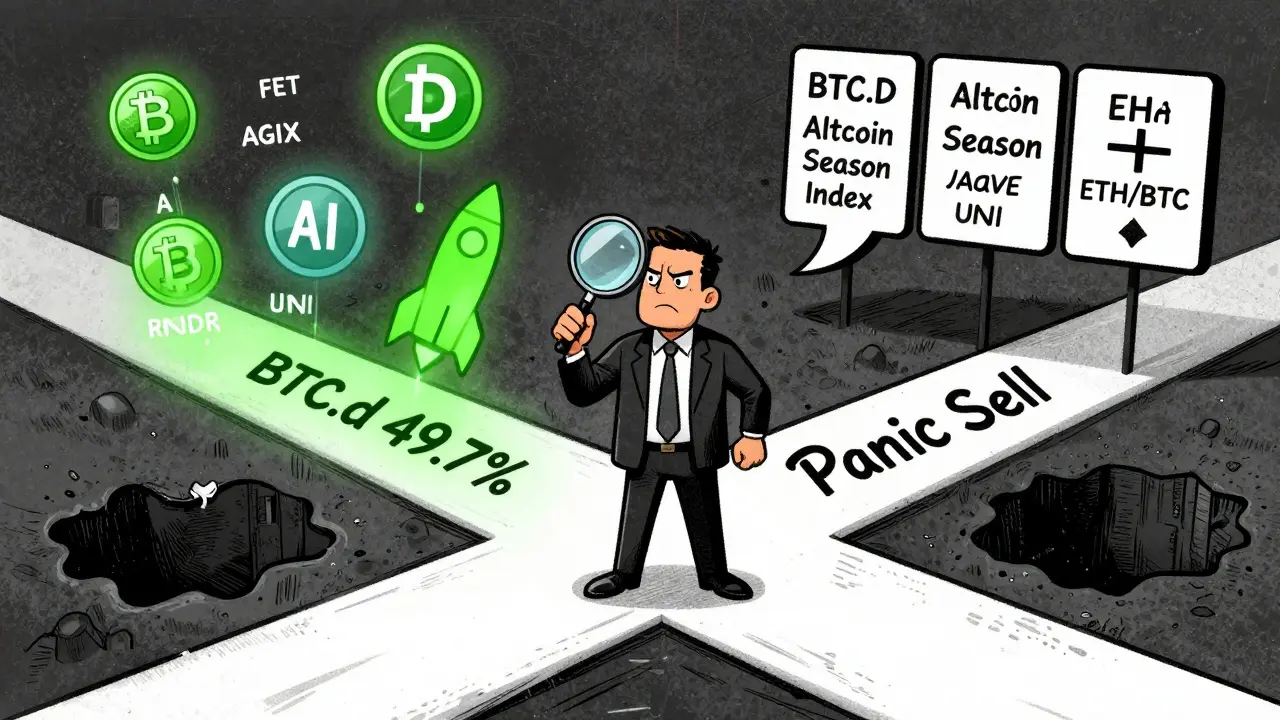 Инвестор на перекрестке между паникой и ростом альткоинов, смотрит на три ключевых индикатора.