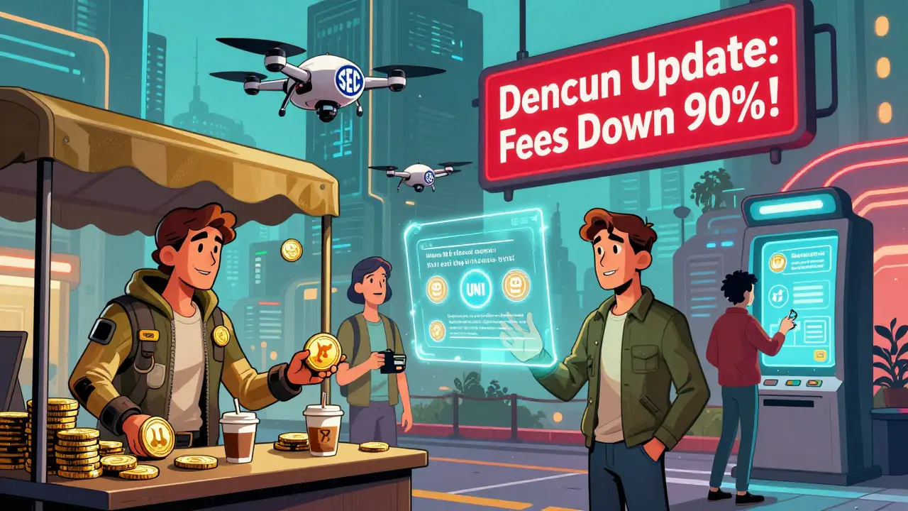 Комикс-стиль: житель города использует альткоины для покупок, голосования и переводов, над ним — дроны регуляторов и объявление о снижении комиссий.