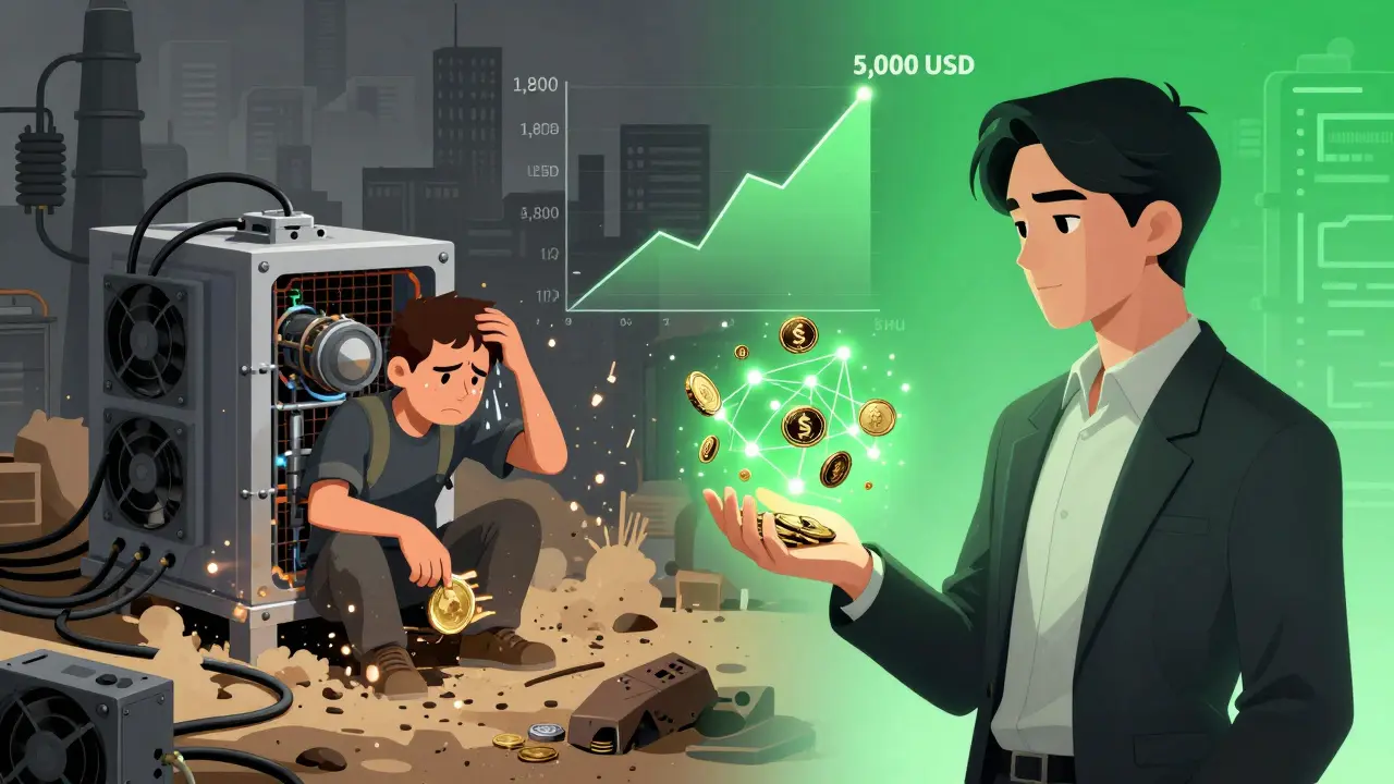 Контраст: шумный майнер против спокойного стейкинга ETH с ростом цены и экологичной энергией.