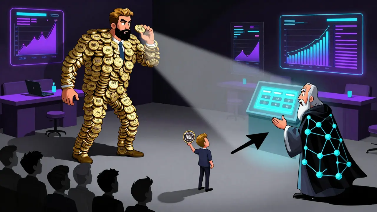 Маленький инвестор передаёт свой голос эксперту, пока титан с токенами нависает над ним.