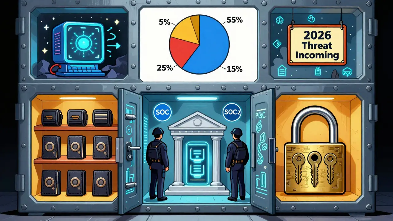Многоуровневый сейф для криптовалют: холодные кошельки, кастодиальный сервис и мультиподпись, с предупреждением о квантовых угрозах.