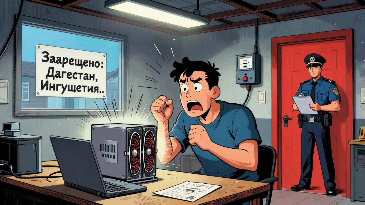 Мужчина с майнером в гараже, за окном запрещающий знак, в дверях — инспектор.