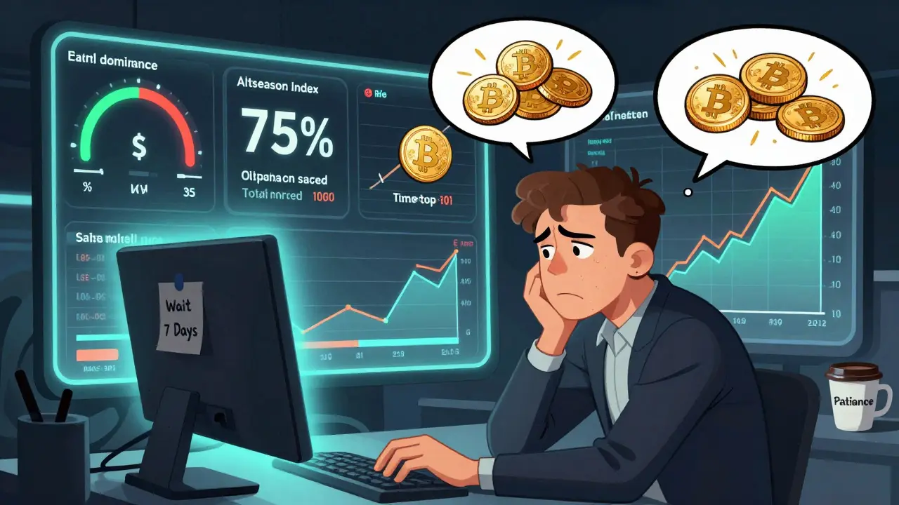 Новичок смотрит на три индикатора: падающее доминирование BTC, растущий индекс альтсезона и растущий рынок, с заметкой 'Подожди 7 дней'.