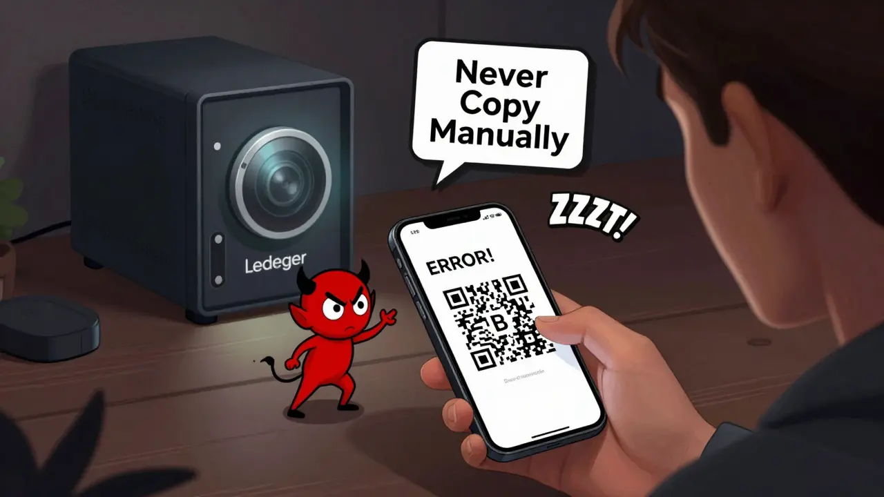 Пользователь сканирует QR-код, а дьявол пытается подменить адрес — рядом светится аппаратный кошелёк.