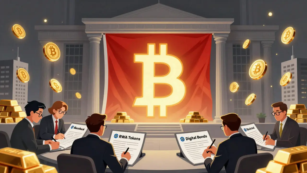 Правительственное здание с биткоином вместо флага, чиновники работают с токенизированными активами.