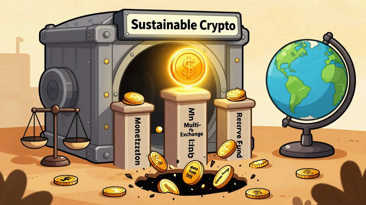 Прочный сейф с тремя опорами держит устойчивый токен, внизу рушатся мем-коины, вокруг — глобальные биржи и регуляторы.