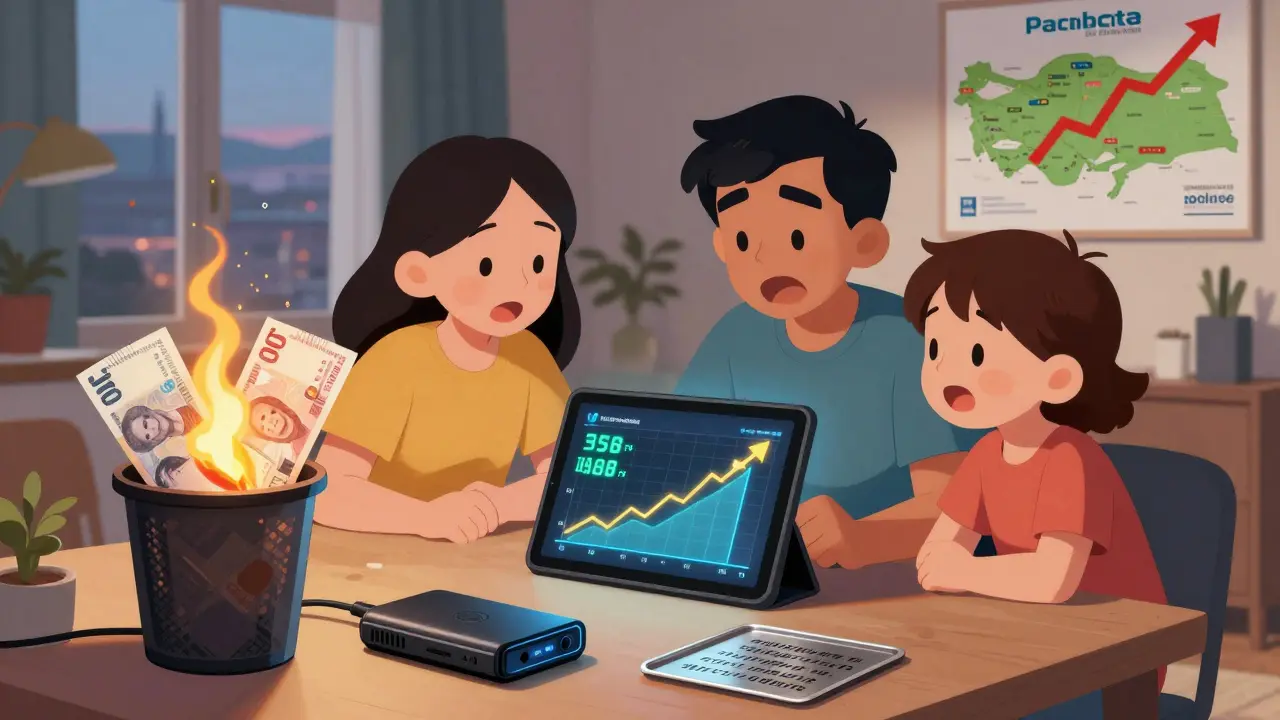 Семья в Турции смотрит на рост биткоина, а их деньги горят в корзине.