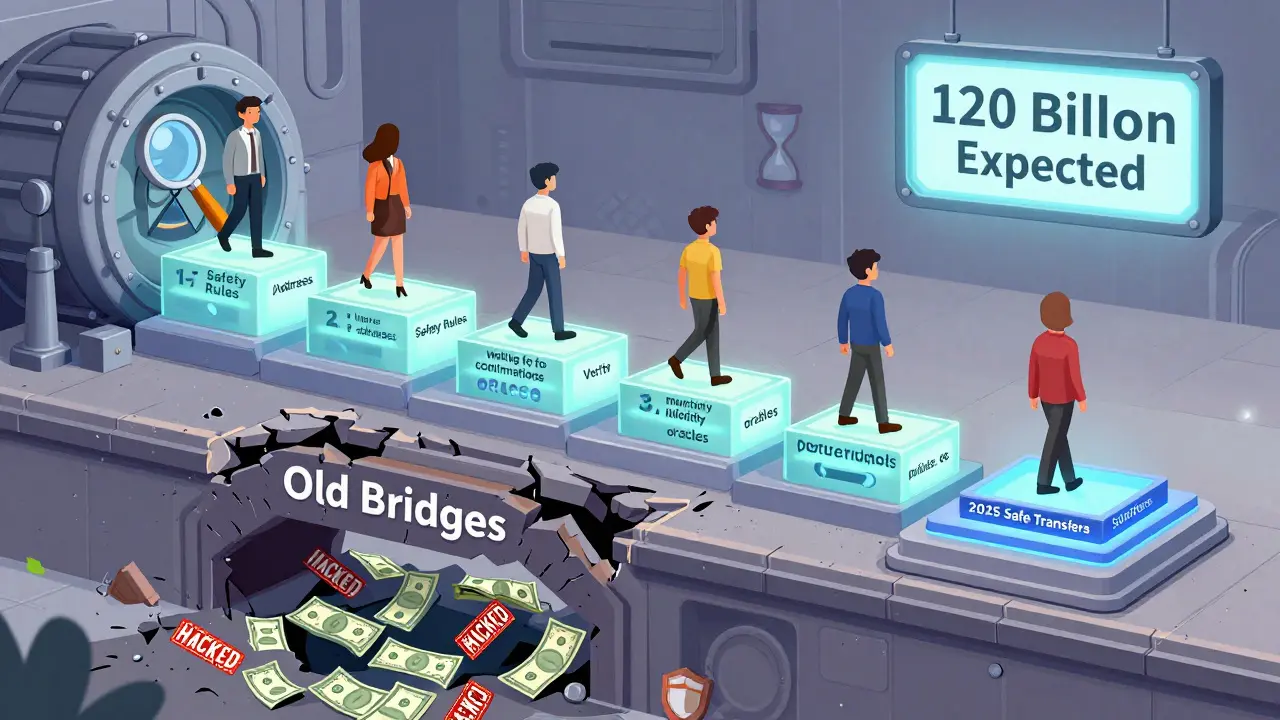 Семь шагов к безопасному переводу токенов, ведущие к будущему с 120 млрд транзакций, на фоне руин старых мостов.