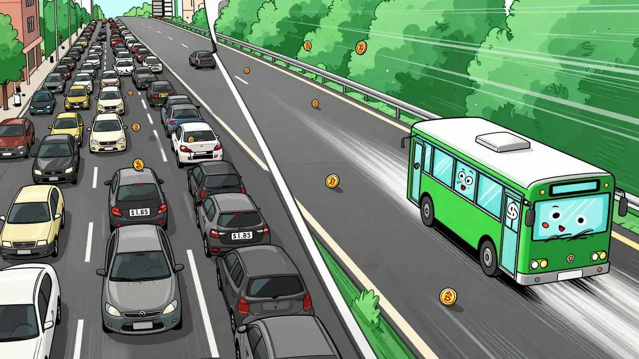 Сравнение скорости транзакций: Bitcoin застрял в пробке, Bitcoin Cash мчится по свободной трассе с кофе и билетами.