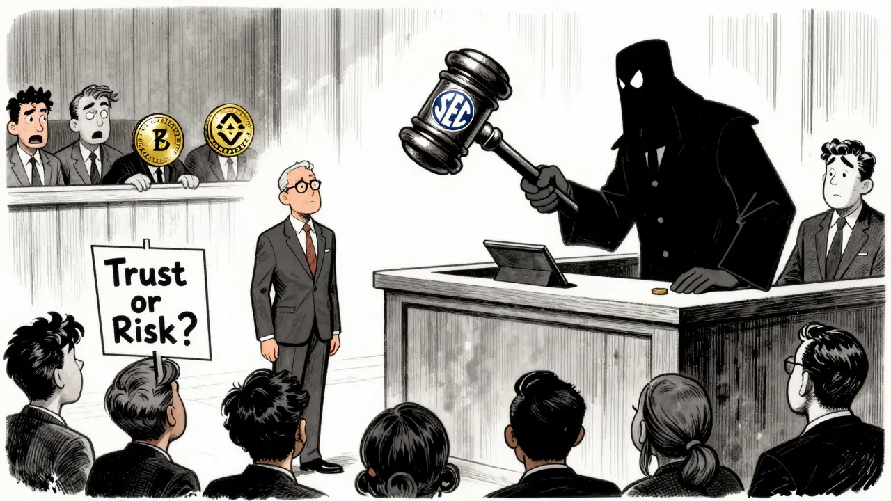 Судебный процесс над XRP с участием SEC и инвесторов, изображенный в стиле комикса с драматическими выражениями лиц.