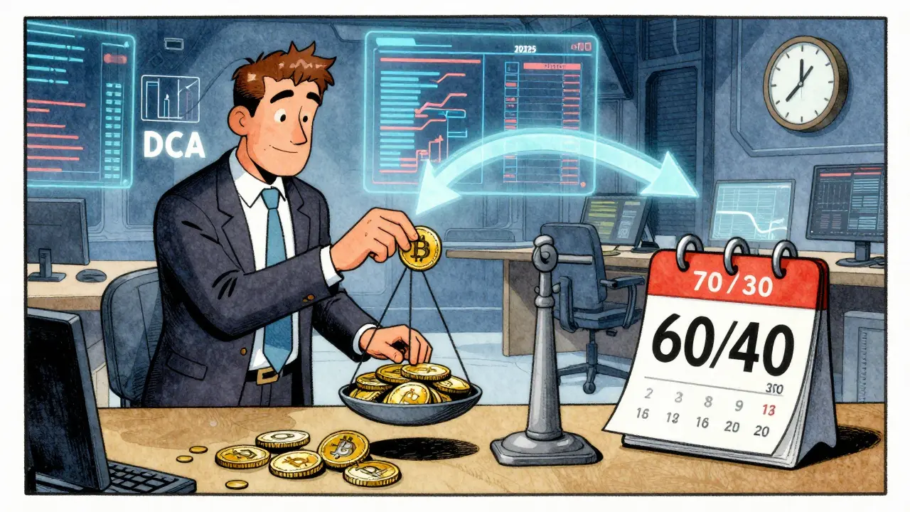 Трейдер балансирует биткоин и альткоины на весах, фон — будущий трейдинг-зал с графиками.