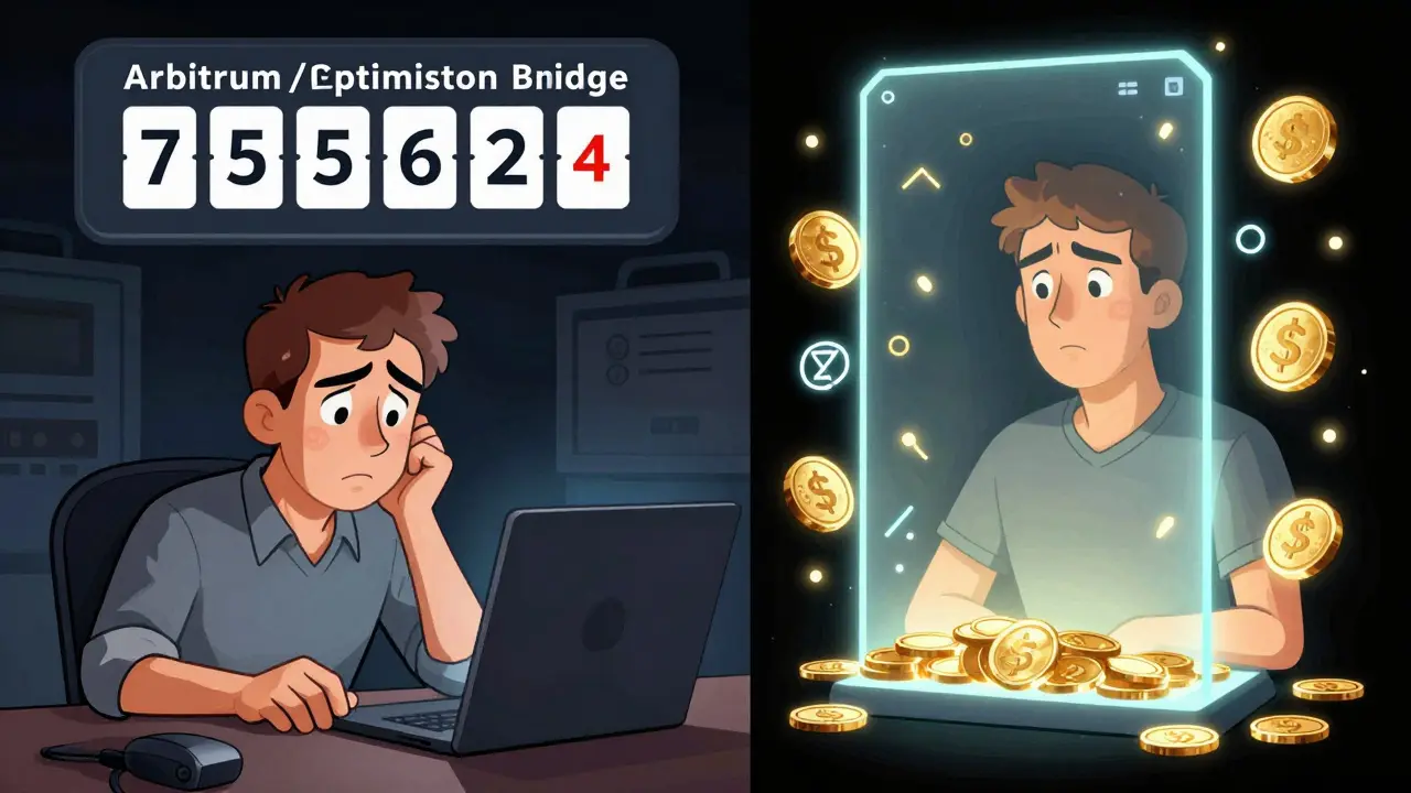 Трейдер с таймером ожидания 7 дней слева и мгновенный вывод средств справа — сравнение Arbitrum/Optimism и zkSync.