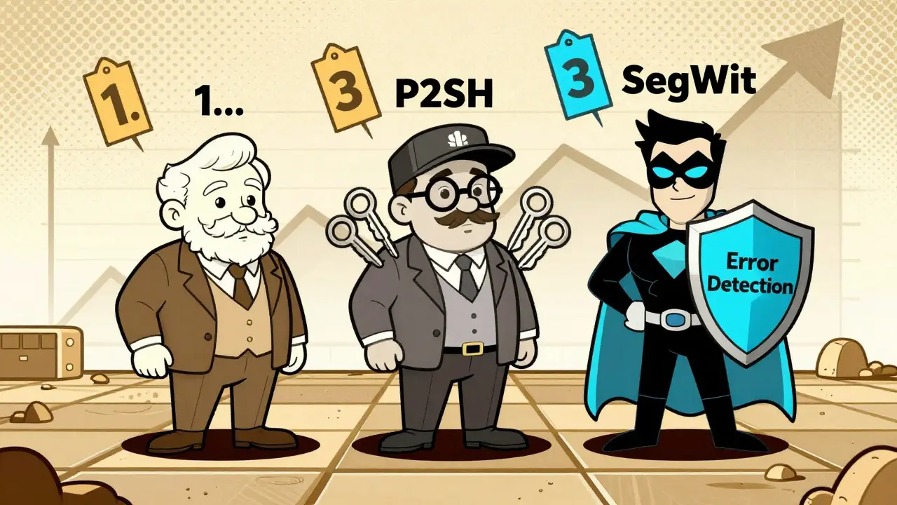 Три персонажа, представляющие разные форматы Bitcoin-адресов, стоят на цепочке блоков.