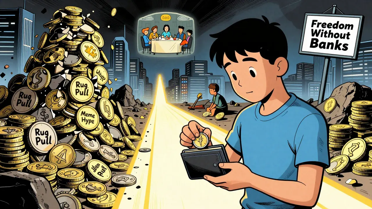 Человек кладёт ETH в кошелёк, позади — руины мошеннических монет и светящийся путь к цифровому будущему.