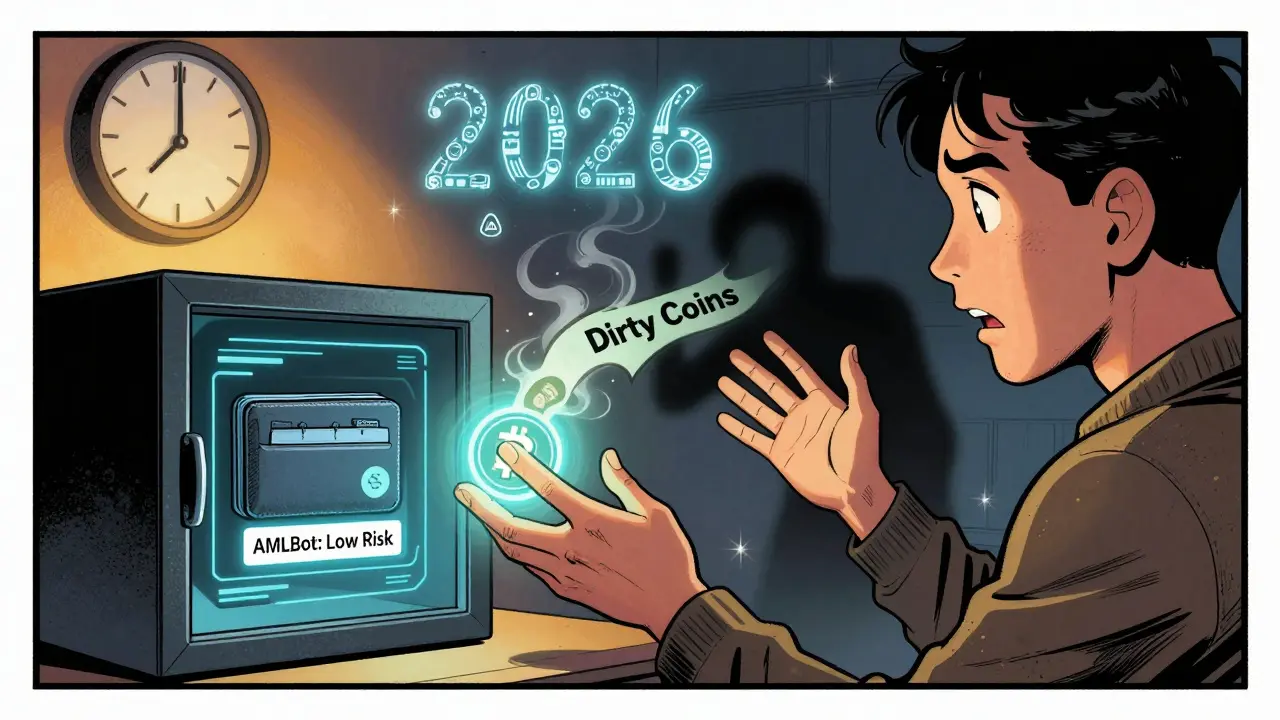 Человек выбирает между безопасной и грязной криптовалютой, за спиной — символы ИИ и будущего регулирования.