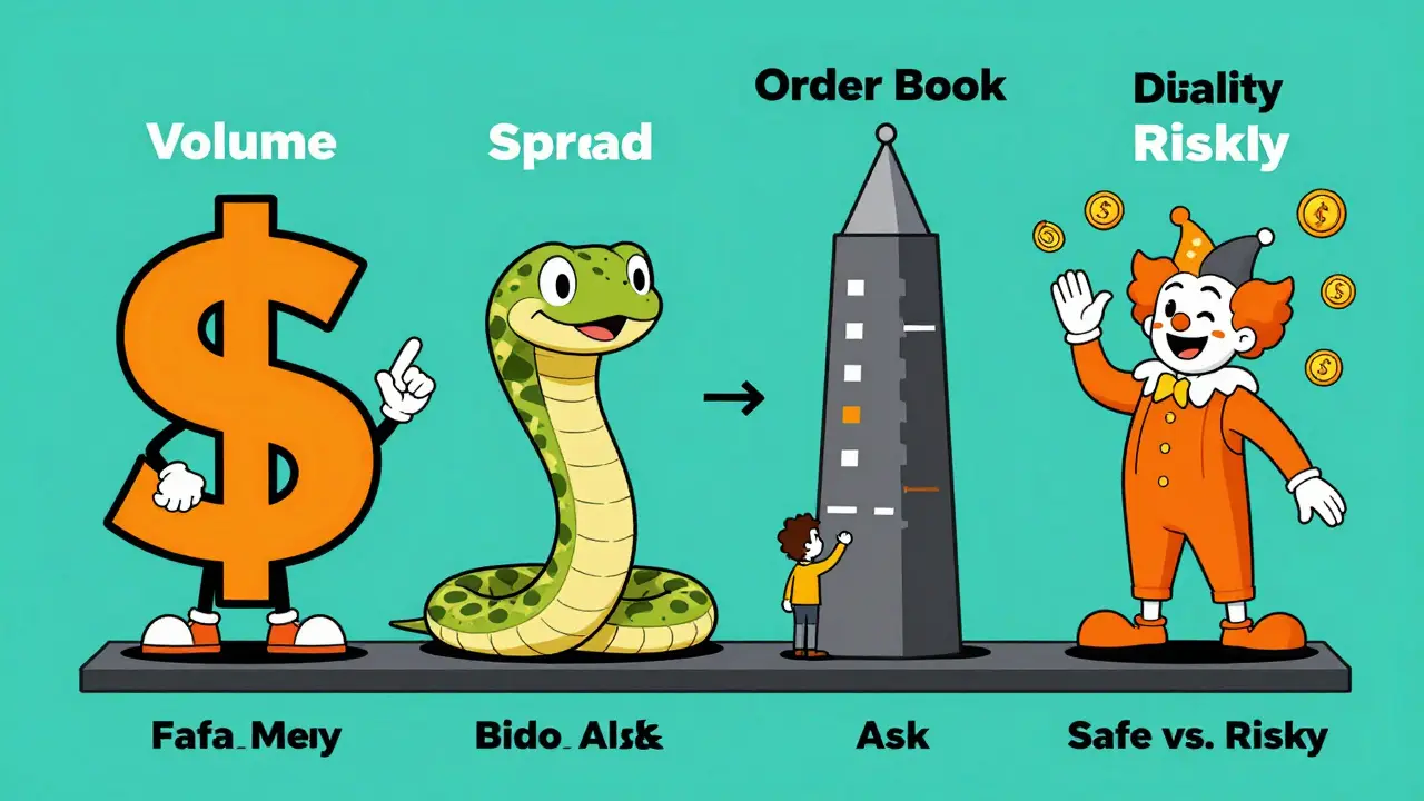 Четыре персонажа-метрики ликвидности в комиксном стиле: объем, спред, стакан и волатильность, оценивающие риск торговли.
