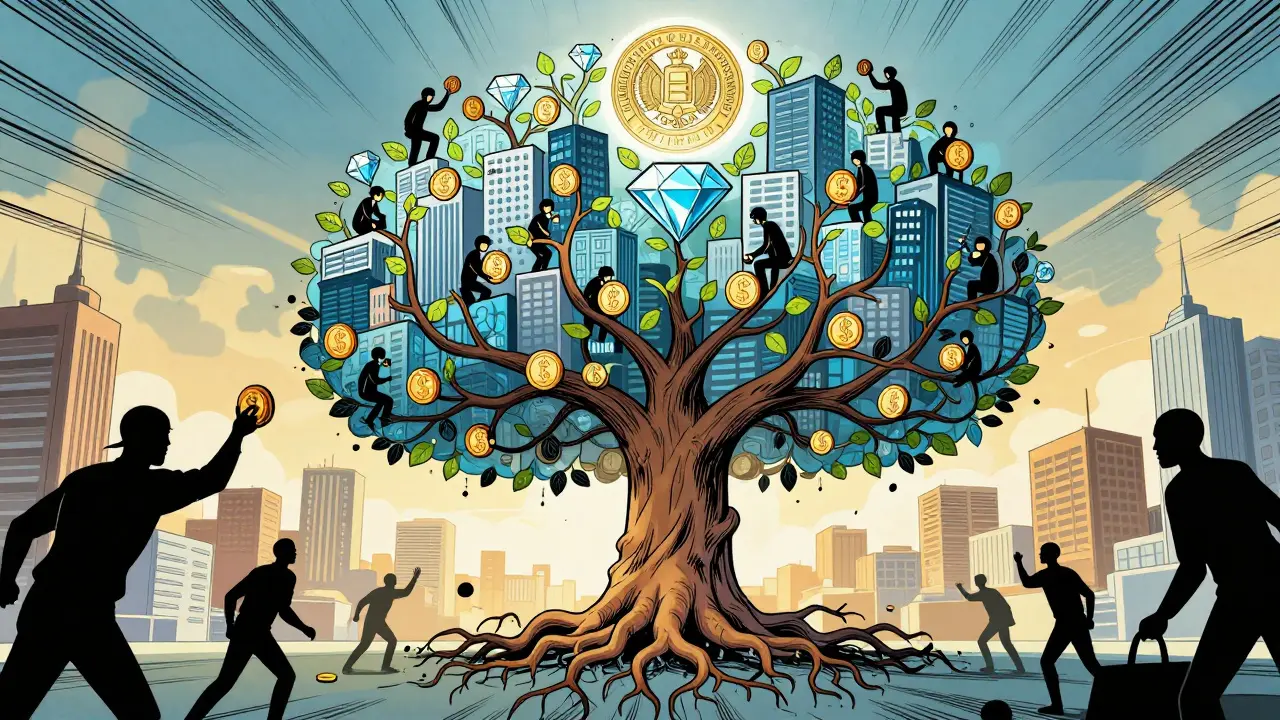 Дерево из токенизированных активов растёт из блокчейна, инвесторы держат листья-активы, над ними — символ ЦБ РФ.