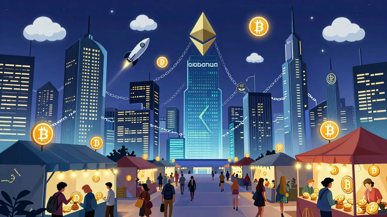 Город будущего, где блокчейны питают здания, а стейблкоины — повседневная валюта.