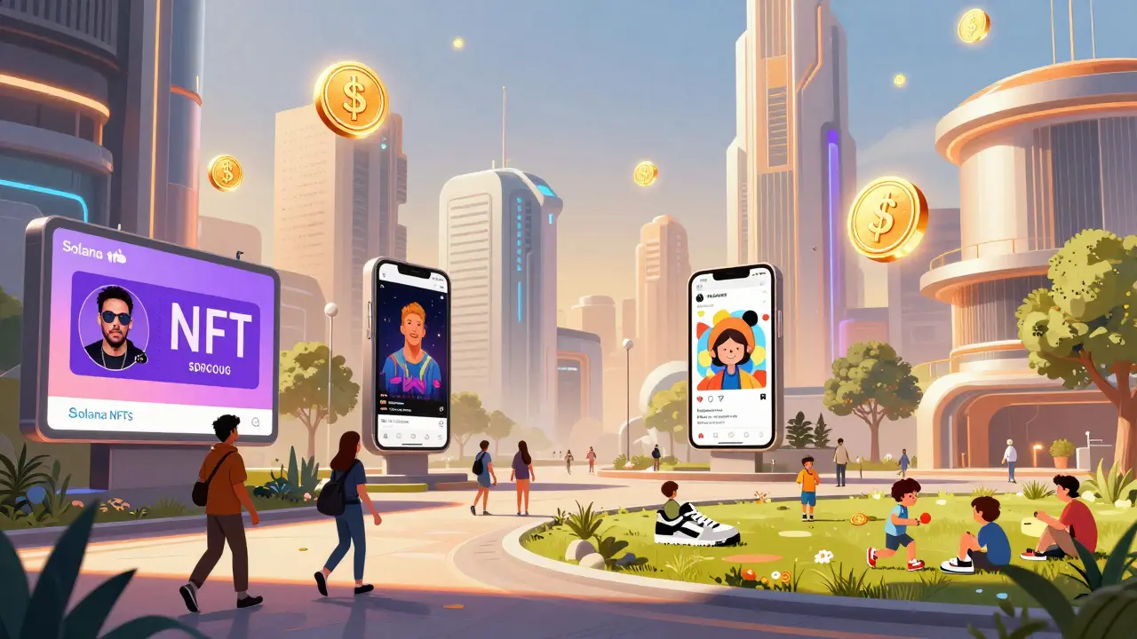 Город будущего: люди носят NFT-билеты, смотрят цифровое искусство в соцсетях и торгуют NFT-кроссовками в парке под светящимися токенами Solana.