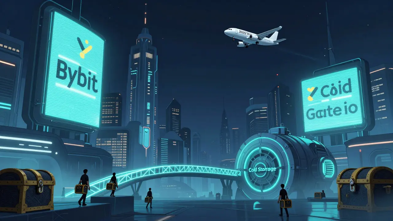 Город будущего с рекламой криптобирж, мост к холодному хранилищу и символом интеграции с Тинькофф в 2026 году.