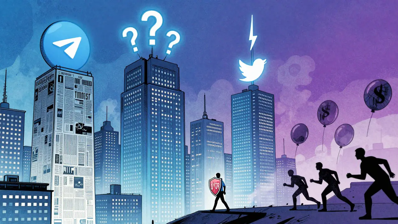 Город из трех зданий-платформ, человек с щитом DYOR идет между ними, за ним — лопающиеся шары с обещаниями прибыли.