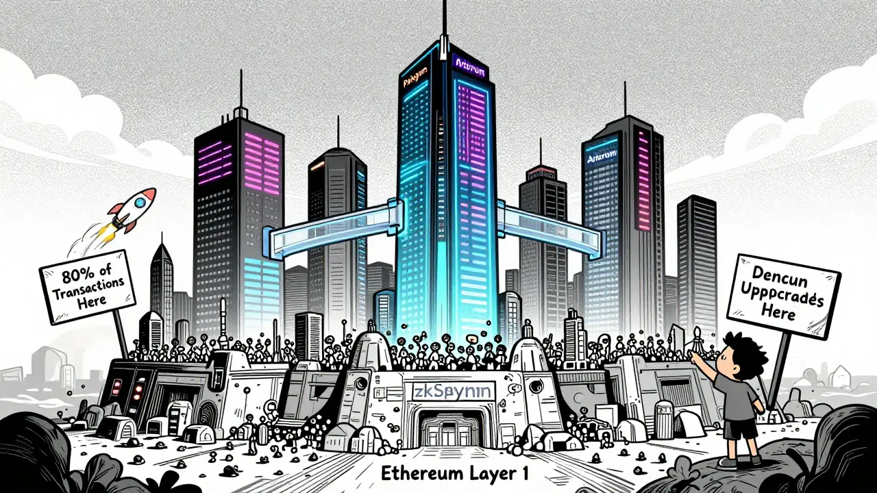 Город с фундаментом Layer 1 и многоуровневыми небоскрёбами Layer 2, взлетающая ракета Dencun.