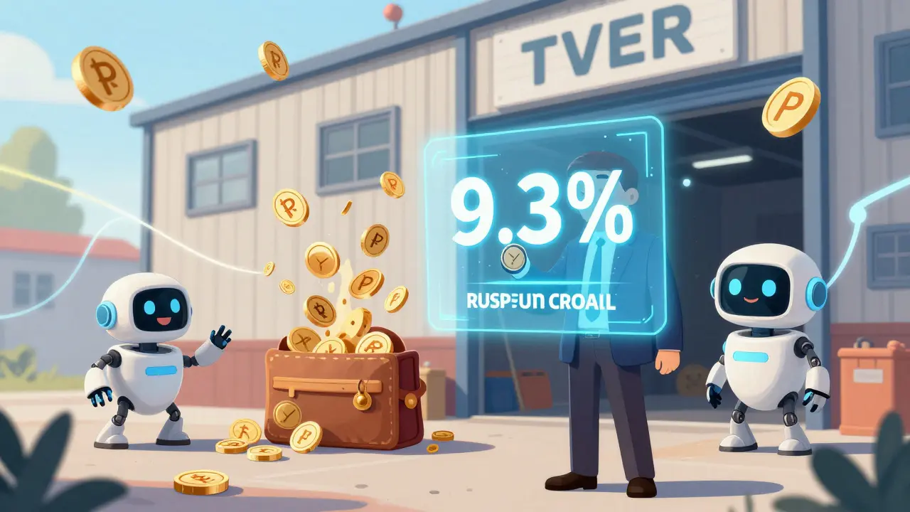 Инвестор получает доход от склада в Твери через цифровой токен, вокруг — анимированные рубли и блокчейн-линии.