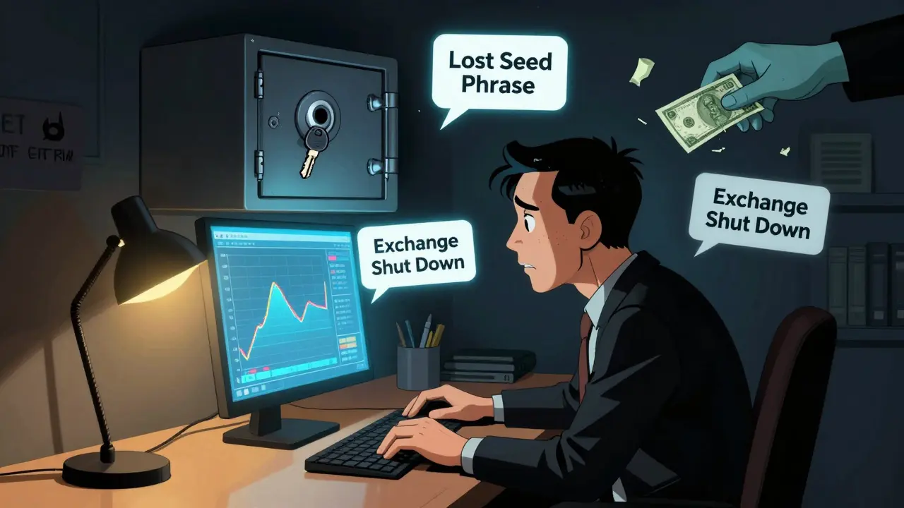 Инвестор смотрит на падающий график, вокруг — предупреждения о потерях, ключах и закрытии бирж, в стиле мрачной французской комиксной сцены.