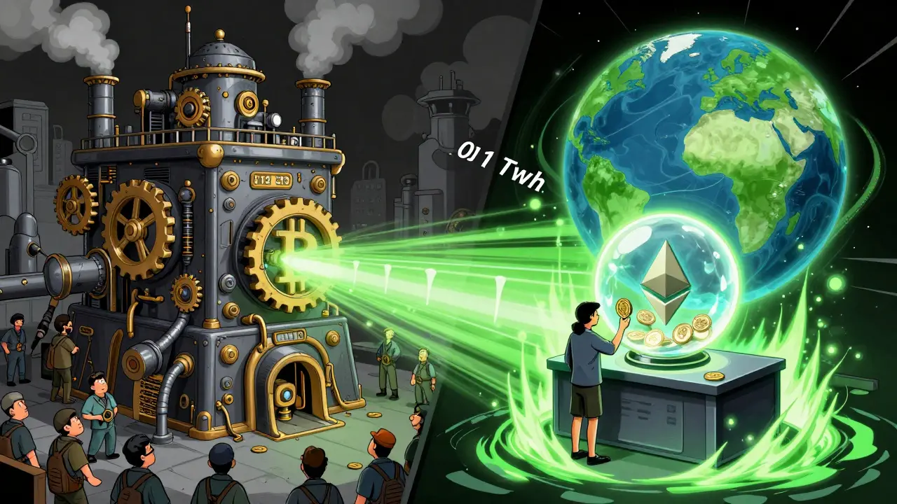 Контраст между энергоёмким майнингом Биткойна и экологичным стейкингом Эфириума в стиле комикса.